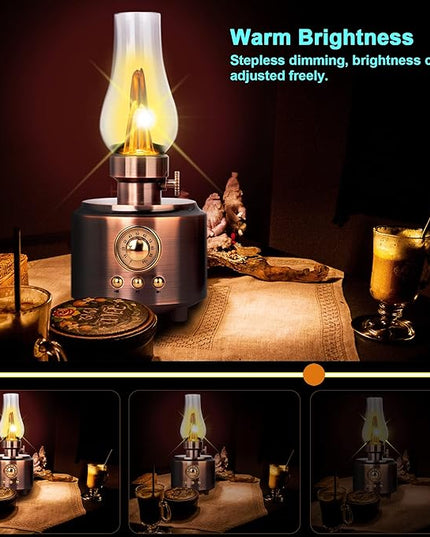 Vintage Table Lamp Retro Bluetooth Speaker Rechargeable Portable Night Light Flameless LED Oil Lamp Bedside Desk Lamp for Bedroom, Cafe, Bar, Desk Decor, Outdoor Camping Birthday Gifts for Kids Women - LeafyLoom