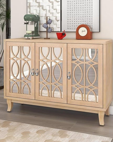 Multifunctional Sideboard with Glass, Vintage 3 Door Mirrored Buffet Cabinet,W/Silver Handle,Easy to Assemble,Console Table for Living Room Hallway Entryway,Natural Wood Wash, 47.2" - LeafyLoom