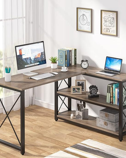 Tribesigns Reversible Industrial L-Shaped Desk with Storage Shelves, Corner Computer Desk PC Laptop Study Table Workstation for Home Office Small Space (Grey, 53") - LeafyLoom