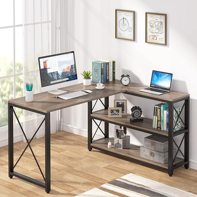 Tribesigns Reversible Industrial L-Shaped Desk with Storage Shelves, Corner Computer Desk PC Laptop Study Table Workstation for Home Office Small Space (Grey, 53") - LeafyLoom
