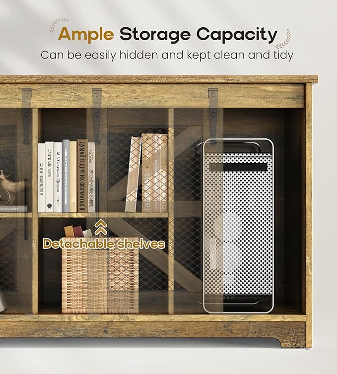 Rustic Corner Desk with Storage, L Shaped Farmhouse Office Desk with Sufficient Storage Capacity, Built-in Power Socket and Barn Door Design - LeafyLoom