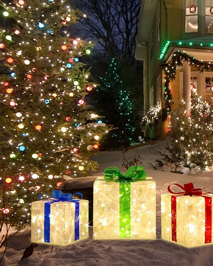 [Large 8.5"x7"x6" Christmas Set of 3 Lighted Gift Boxes Decorations Pre-lit 70 Super-Bright LED with Flashers,for Indoor Outdoor Christmas Tree Skirt Ornament Pathway Holiday Party Home GLOWNOVA