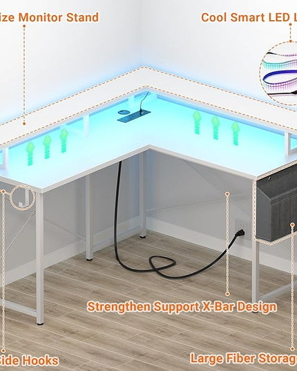 armocity L Shaped Computer Desk with Power Outlets, 40 Inch Small Gaming Desk L Shaped with LED Lights, Corner L Desk with Storage Shelves for Bedroom, Small Spaces, White - LeafyLoom
