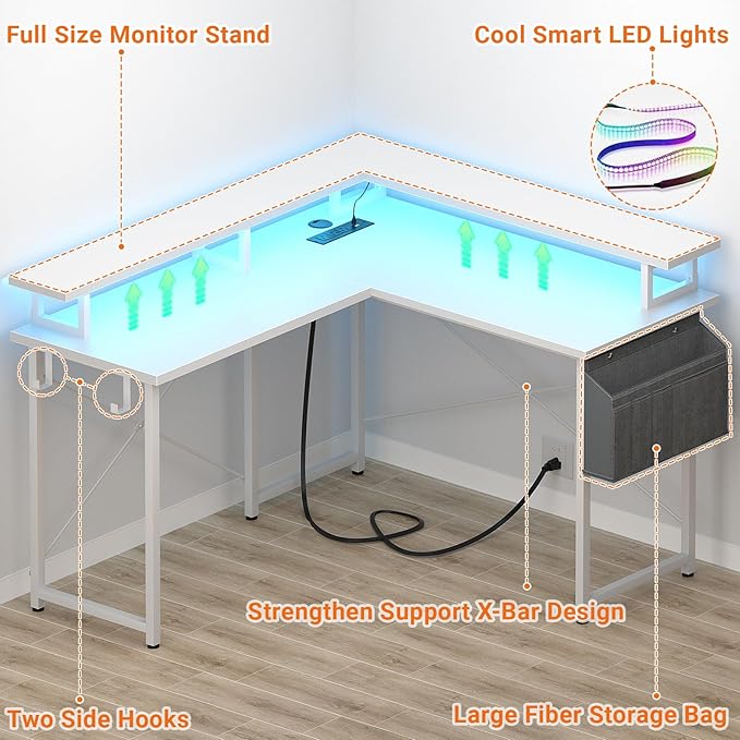armocity L Shaped Computer Desk with Power Outlets, 40 Inch Small Gaming Desk L Shaped with LED Lights, Corner L Desk with Storage Shelves for Bedroom, Small Spaces, White - LeafyLoom