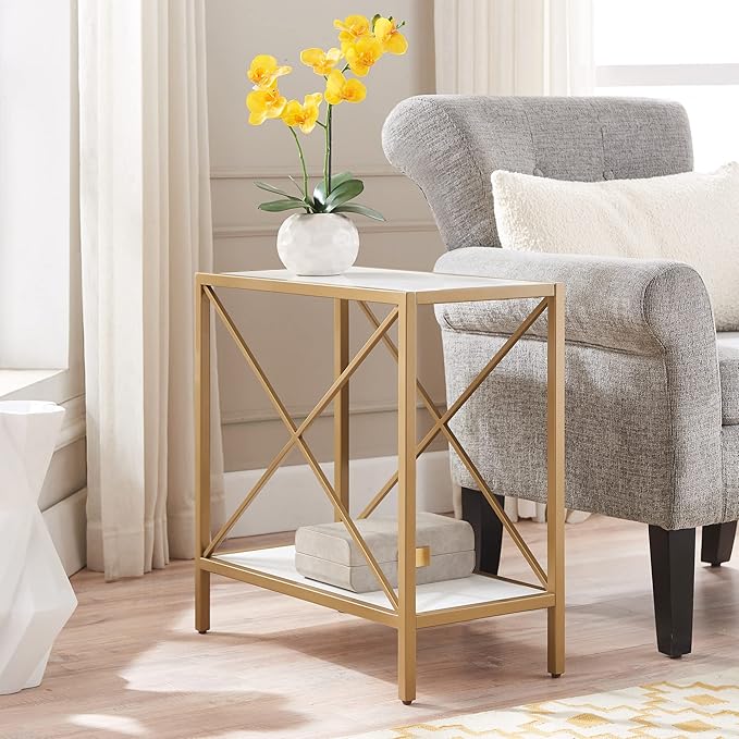 Leick Home 9217-WTGL Claudette Mixed Metal and Wood Side Table with Shelf, White/gold - LeafyLoom