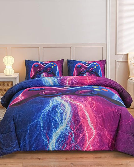 Meeting Story Gamer Gaming Bedding Sets Red Blue Lightnings Gamepad Comforter Set for Boys Games Console Action Buttons Novelty Colorful Modern Room Decor Home Quilt Set (Blue-Purple, Twin) - LeafyLoom