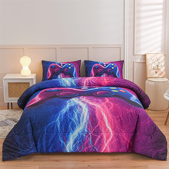 Meeting Story Gamer Gaming Bedding Sets Red Blue Lightnings Gamepad Comforter Set for Boys Games Console Action Buttons Novelty Colorful Modern Room Decor Home Quilt Set (Blue-Purple, Twin) - LeafyLoom