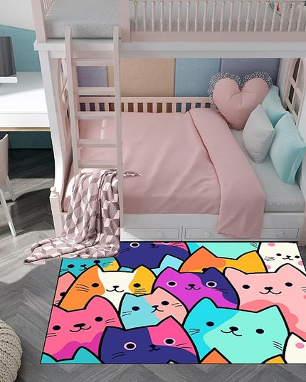 Cat Rug for Girls Bedroom - Cat Area Rug Cartoon Cat Rug Carpet for Kids Room Cute Cat Rugs Room Decor Colorful Anime Rug with Cat Printed, 5x7 Feet - LeafyLoom