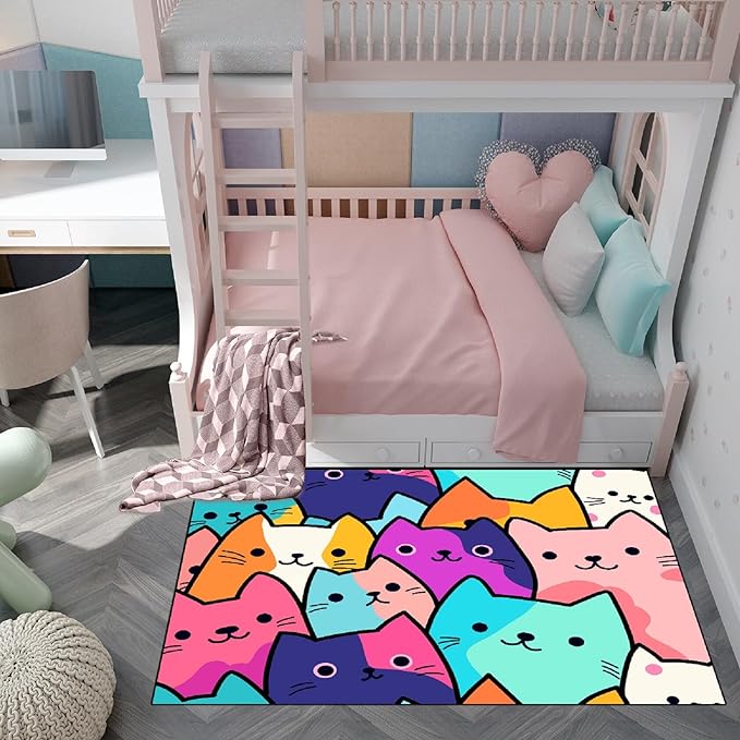 Cat Rug for Girls Bedroom - Cat Area Rug Cartoon Cat Rug Carpet for Kids Room Cute Cat Rugs Room Decor Colorful Anime Rug with Cat Printed, 4.5x6 Feet - LeafyLoom