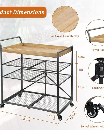 Vipush Kitchen Serving Cart, 4-Tier Kitchen Utility Cart on Wheels with Storage for Living Room, Wood Look Accent Furniture with Metal - LeafyLoom