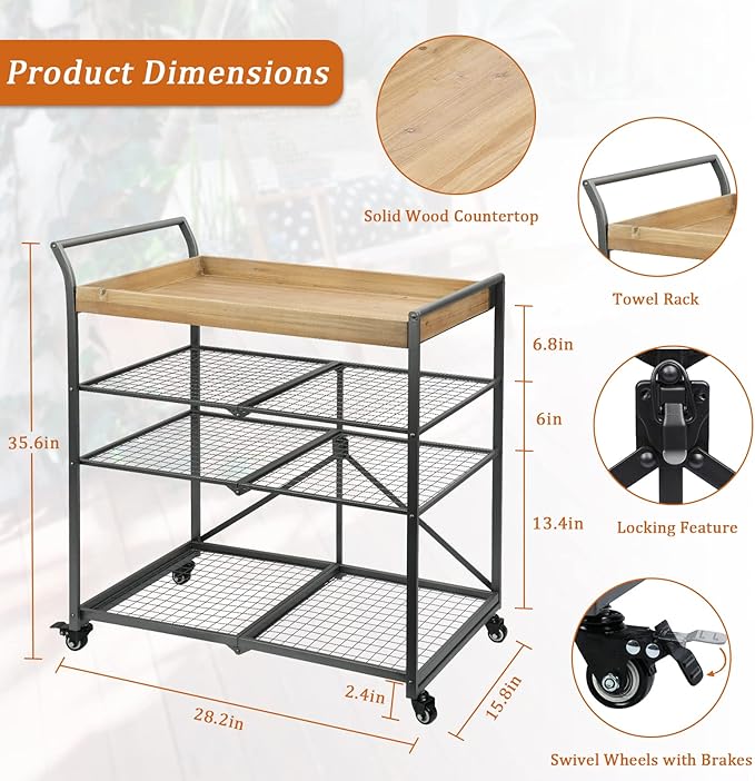 Vipush Kitchen Serving Cart, 4-Tier Kitchen Utility Cart on Wheels with Storage for Living Room, Wood Look Accent Furniture with Metal - LeafyLoom