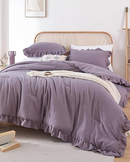 JANZAA Comforters Queen Size Grayish Purple Comforter Set Queen 3PCS(1 Ruffled Comforter Set and 2 Pillowcases) Shabby Chic Bedding Vintage Soft Fluffy Bed Set for All Season - LeafyLoom