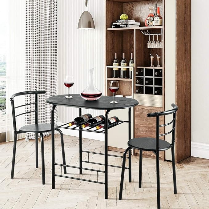 DORTALA 3PCS Dining Table Set, 1 table & 2 chairs set, 3 Piece Compact Dining Set, Oval Table & Mid-back Chairs w/Built-in Wine Rack, Suitable for Small Space, Black - LeafyLoom