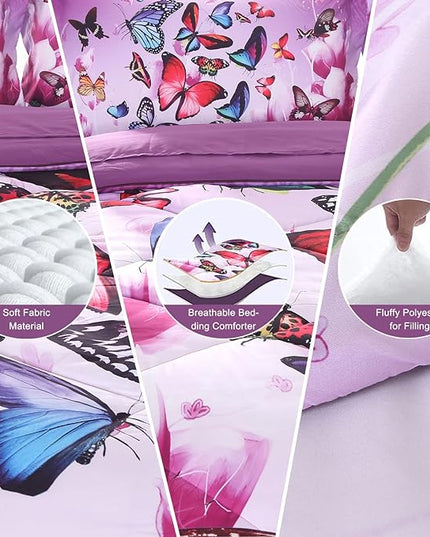 ENCOFT Butterfly Comforter Queen Size, 3 Pieces Girls Teen Kids Quilted Bedspread Queen Bed Comforter Bedding Sets, All Seasons Microfiber Purple Butterfly Bedding Set, with Pillowcase - LeafyLoom