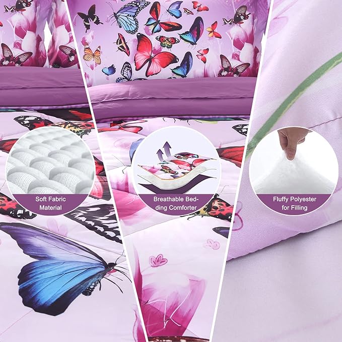 ENCOFT Butterfly Comforter Queen Size, 3 Pieces Girls Teen Kids Quilted Bedspread Queen Bed Comforter Bedding Sets, All Seasons Microfiber Purple Butterfly Bedding Set, with Pillowcase - LeafyLoom