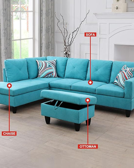 L-Shaped Sectional Couches with 66.5'' Chaise Lounge & Storage Ottoman Modular Room Sofas for Home Office Apartment, Large Living Furniture, 97'' Left Hand Facing, Green Linen - LeafyLoom