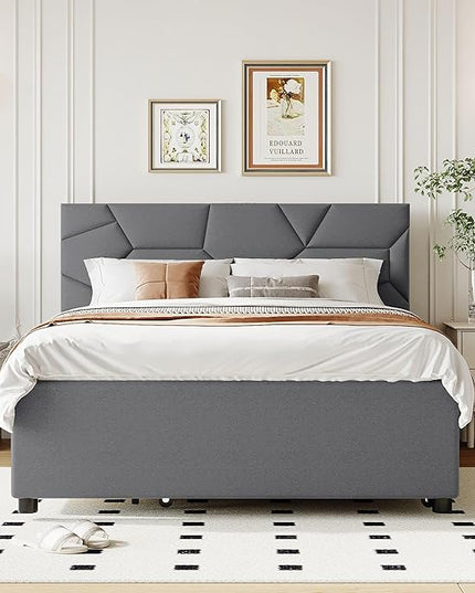 Full Size Linen Upholstered Platform Bed with Twin Size Trundle and 2 Drawers,Bedroom Bed Frame w/Brick Pattern Headboard,Wooden Slats Supproted,for Teens Kids Adults,Gray - LeafyLoom