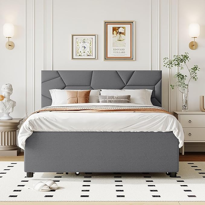 Full Size Linen Upholstered Platform Bed with Twin Size Trundle and 2 Drawers,Bedroom Bed Frame w/Brick Pattern Headboard,Wooden Slats Supproted,for Teens Kids Adults,Gray - LeafyLoom