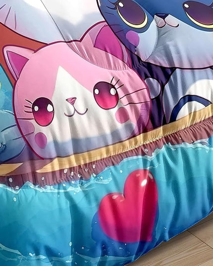 Cat Bedding Set Queen Size - Cute Girls Bedding Cat Comforter Set for Kids Teens Girls Cartoon Animal Print Cat Quilt Soft Breathable Kid Comforter Set, 1 Comforter 2 Pillowcase - LeafyLoom