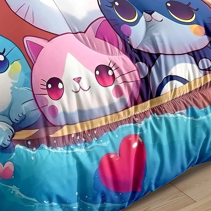 Cat Bedding Set Queen Size - Cute Girls Bedding Cat Comforter Set for Kids Teens Girls Cartoon Animal Print Cat Quilt Soft Breathable Kid Comforter Set, 1 Comforter 2 Pillowcase - LeafyLoom