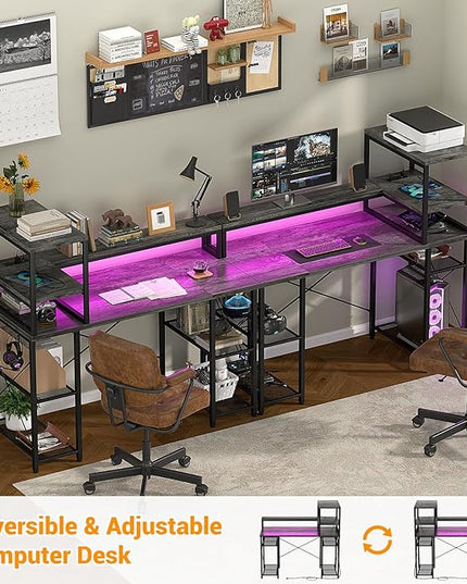 Cyclysio Gaming Desk with LED Light, 47 inch Computer Desk with Storage Shelves, Adjustable Home Office Desk with Power Outlets, Computer Gaming Desk with Long Monitor Stand for Small Space, Grey - LeafyLoom