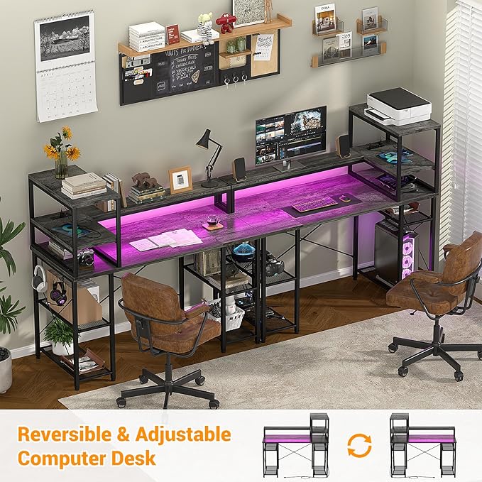Cyclysio Gaming Desk with LED Light, 47 inch Computer Desk with Storage Shelves, Adjustable Home Office Desk with Power Outlets, Computer Gaming Desk with Long Monitor Stand for Small Space, Grey - LeafyLoom