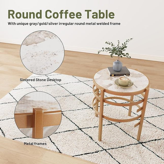 Round Coffee Table Coffee Tables for Living Room Sintered Stone Marble Top Sturdy Metal Frame (Golden, 20.67 inches) - LeafyLoom