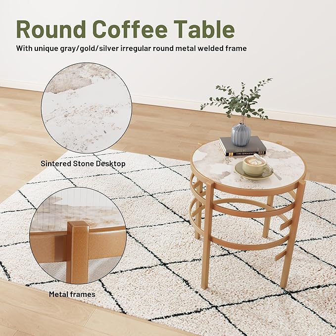 Round Coffee Table Coffee Tables for Living Room Sintered Stone Marble Top Sturdy Metal Frame (Golden, 20.67 inches) - LeafyLoom