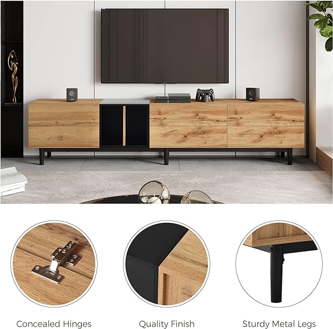 Modern Inch Stand with 3 Doors-Versatile Media Console Table, Large Storage Entertainment Center for Living Room, Bedroom Decor, Support 80" TV, Natural Wood - LeafyLoom