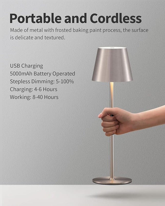 Cordless Rechargeable Table Lamp Set of 2, 5000mAh Battery Powered LED Desk Lamps, 3 Color Stepless Dimming Up, Portable Table Light Lamp for Bedroom Restaurant Outdoor (Brushed Nickel) - LeafyLoom