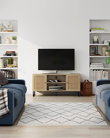 Nathan James 74101 Mina Modern TV Stand, Entertainment Cabinet, Media Console with a Natural Oak Wood Finish and Matte Black Accents with Storage Doors for Living Room or Media Room, Oak/Black - LeafyLoom