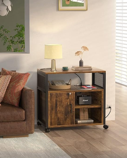 Unikito Lateral File Cabinet, Locking Office Filing Cabinets with Socket and USB Charging Port, Modern Rolling Printer Stand with Storage for A4, Letter Size and File Folders, Rustic Brown - LeafyLoom