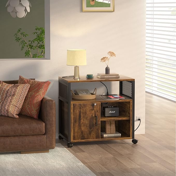 Unikito Lateral File Cabinet, Locking Office Filing Cabinets with Socket and USB Charging Port, Modern Rolling Printer Stand with Storage for A4, Letter Size and File Folders, Rustic Brown - LeafyLoom
