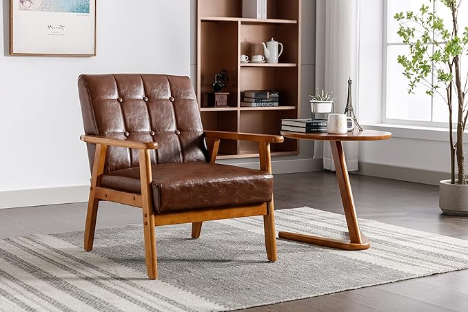 Mid-Century Accent, Modern Single Armchair, Upholstered Leisure Lounge Chair wth Solid Wood Armrest and Feet for Living Room, Bedroom, Office, Brown - LeafyLoom