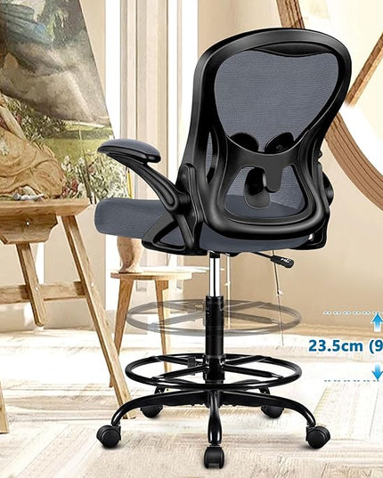 Drafting Chair, Tall Office Chair Ergonomic Standing Desk chair, Lumbar Support Computer Chair Swivel Task Rolling Chair with Adjustable Flip-up Armrests & Foot Ring (Dark Gray) - LeafyLoom