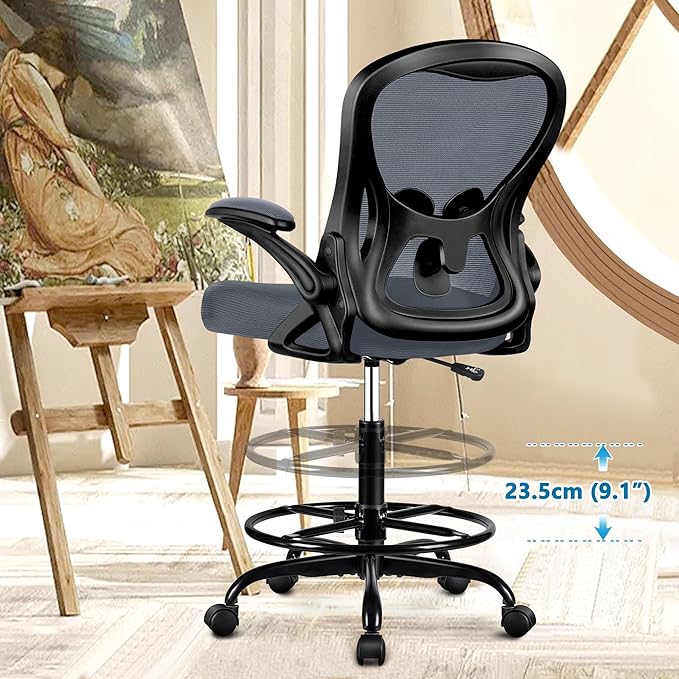 Drafting Chair, Tall Office Chair Ergonomic Standing Desk chair, Lumbar Support Computer Chair Swivel Task Rolling Chair with Adjustable Flip-up Armrests & Foot Ring (Dark Gray) - LeafyLoom