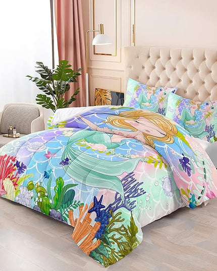 CVHOUSE Mermaid Comforter Set,Ocean Sea Mermaid Bedding Set for Girls Kids Teens,Mermaid Comforter Butterflies Duvet Set Room Decor Quilt Set Full Size - LeafyLoom
