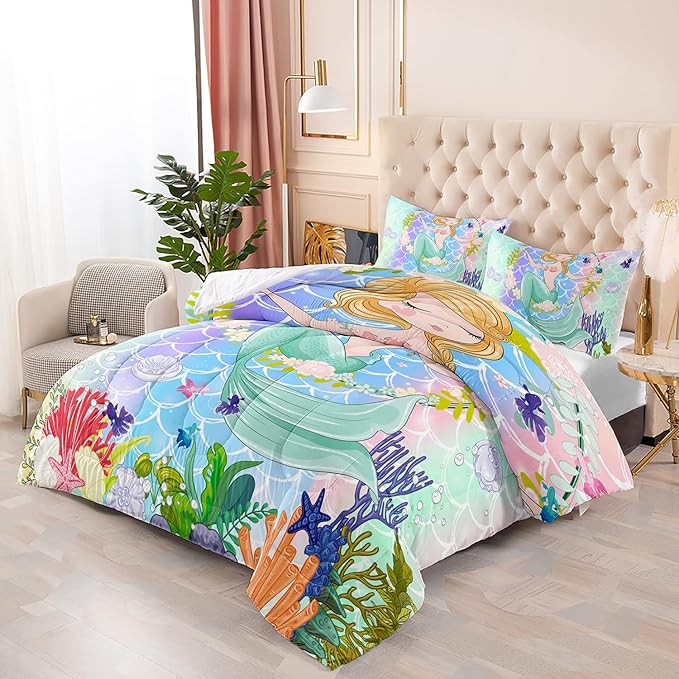 CVHOUSE Mermaid Comforter Set,Ocean Sea Mermaid Bedding Set for Girls Kids Teens,Mermaid Comforter Butterflies Duvet Set Room Decor Quilt Set Twin Size - LeafyLoom