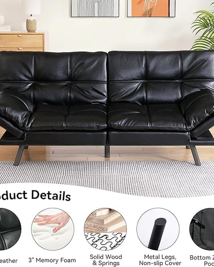Memory Foam Faux Leather Futon Sofa Bed Couch,Convertible Futon Sofa Couch,Loveseat Sleeper Sofa Bed,Small Splitback Modern Sofa Bed for Living Room,Office,Apartment,Bright Black - LeafyLoom