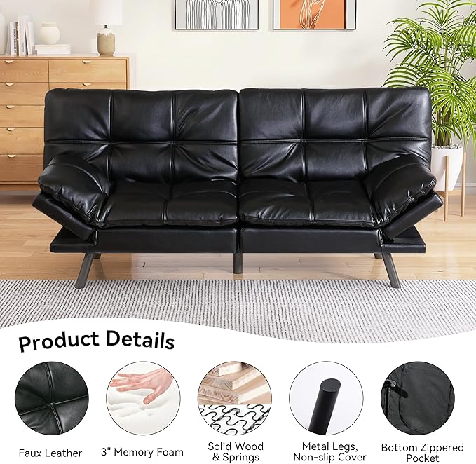 Memory Foam Faux Leather Futon Sofa Bed Couch,Convertible Futon Sofa Couch,Loveseat Sleeper Sofa Bed,Small Splitback Modern Sofa Bed for Living Room,Office,Apartment,Bright Black - LeafyLoom