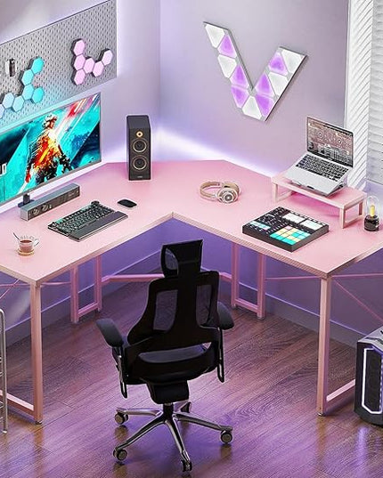 Casaottima L Shaped Gaming Desk with Monitor Stand, Corner Desk Gaming Table for Home Office, Computer Desk Sturdy Writing Workstation for Small Space, 51 inch, Carbon Fiber Surface, Pink - LeafyLoom