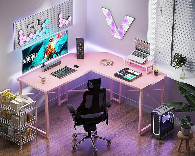 Casaottima L Shaped Gaming Desk with Monitor Stand, Corner Desk Gaming Table for Home Office, Computer Desk Sturdy Writing Workstation for Small Space, 51 inch, Carbon Fiber Surface, Pink - LeafyLoom