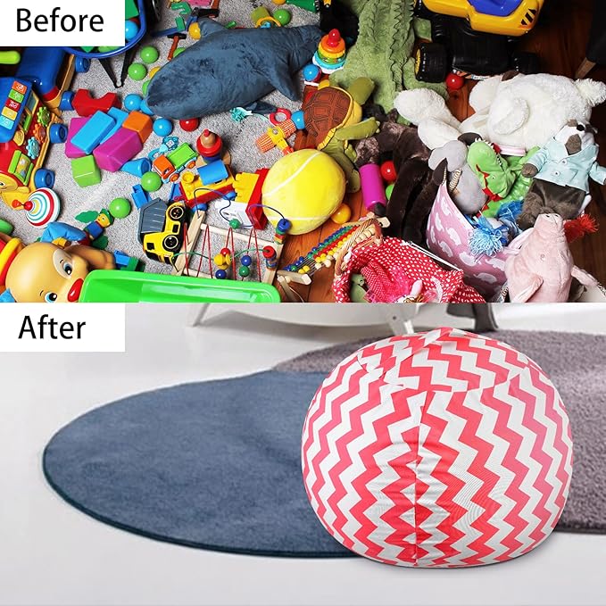 Stuffed Animal Storage Bean Bag Chairs Toy Storage Organizer Bean Bags Chair Cover for Kids 24" Cotton Canvas Beanbag with Zipper for Organizing Kid's and Adults Room and Adults, Pink wave - LeafyLoom