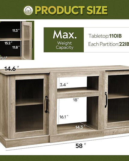 WLIVE Retro TV Stand for 65 inch TV, TV Console Cabinet with Storage, Open Shelves Entertainment Center for Living Room and Bedroom, Greige - LeafyLoom
