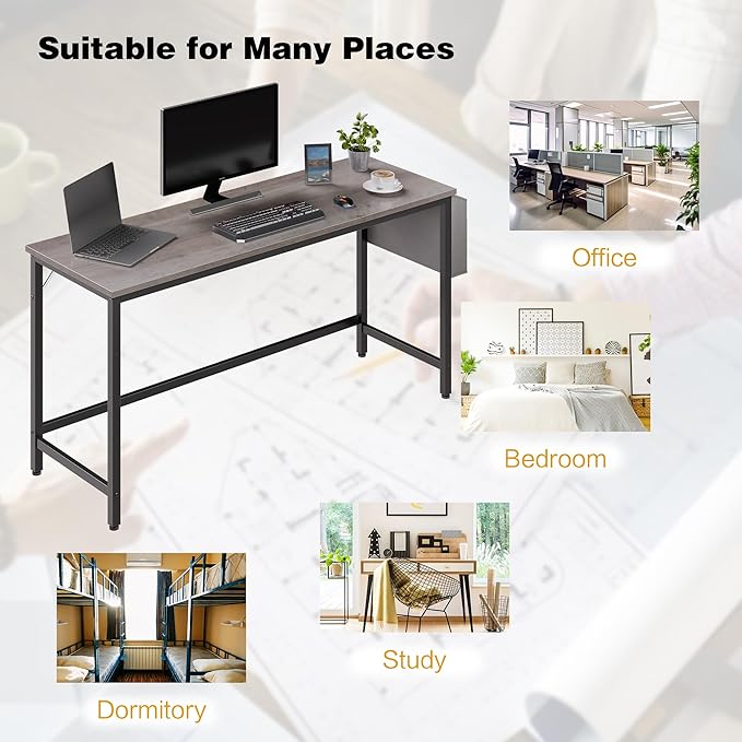 Shintenchi 63 inch Computer Desk with Storage Bag, Study Workstation Modern Simple Design for Home Office, Student Writing Desk, Office Working Desk, Gray - LeafyLoom