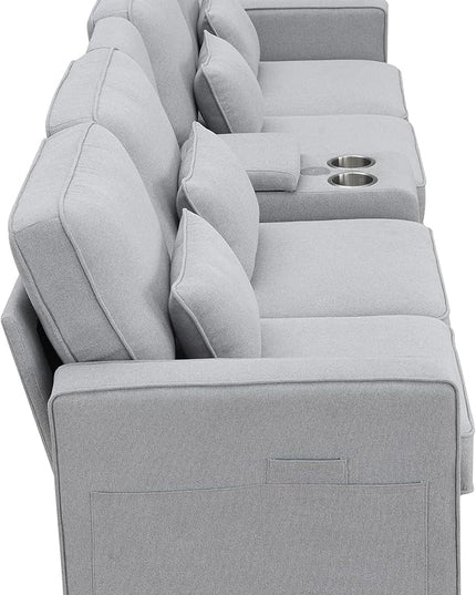 114.2" Linen Upholstered Sofa with Consoleand 2 USB Ports Wired or Wirelessly Charged,Modern 4-Seat Couches W/ 4 Pillows and Two Cupholders,for Living Room,Apartment, Gray, Light Grey - LeafyLoom