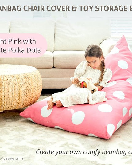 Butterfly Craze Bean Bag Chair Cover, Functional Toddler Toy Organizer, Fill with Stuffed Animals to Create a Jumbo, Comfy Floor Lounger for Boys or Girls, Stuffing Not Included, Light Pink Polka Dots - LeafyLoom