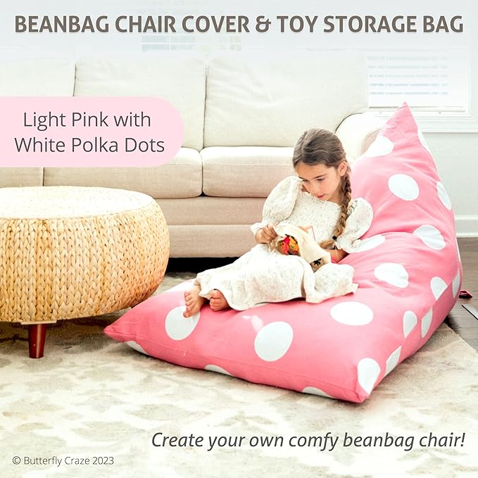 Butterfly Craze Bean Bag Chair Cover, Functional Toddler Toy Organizer, Fill with Stuffed Animals to Create a Jumbo, Comfy Floor Lounger for Boys or Girls, Stuffing Not Included, Light Pink Polka Dots - LeafyLoom