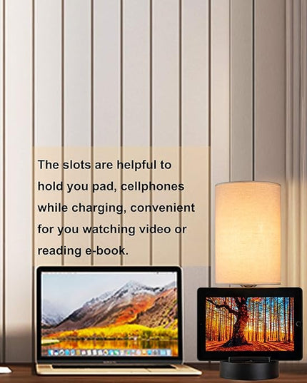 Dreamholder Table Lamp with 3 USB Charging Ports, Modern Desk Lamp with AC Outlet and Phone Stands, Perfect Bedside Lamp for Bedroom, Living Room, Office (Pack of 2), Cream - LeafyLoom