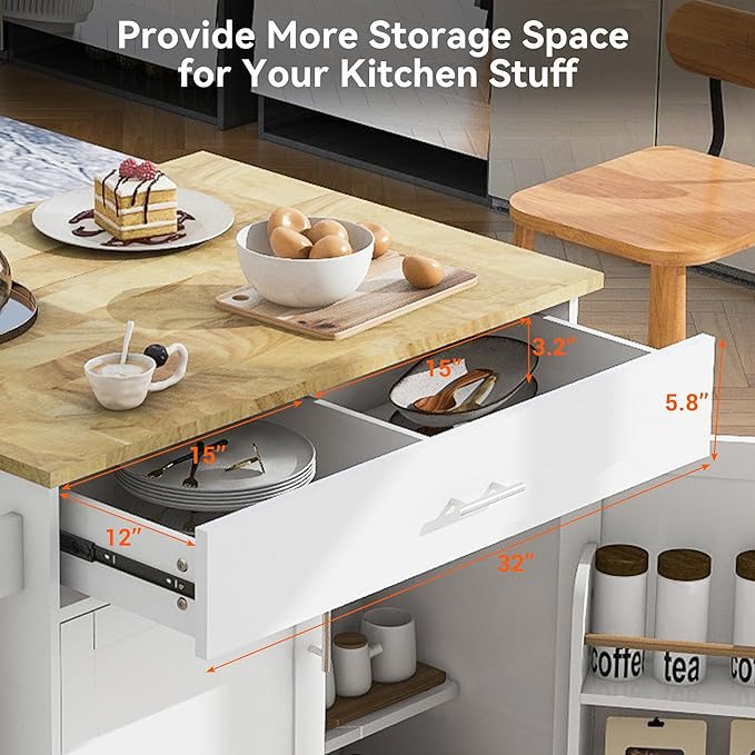Kitchen Island with Storage on Wheels, Kitchen Island Cart w/Storage&Divider, Internal Canibet Rack, Adjustable Shelf Tower Rack for Dinning Room Coffee Bar, Rubber Wood Contertop - LeafyLoom